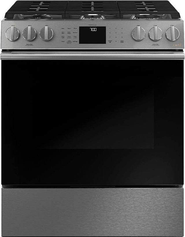 Front. Café - 5.6 Cu. Ft. Slide-In Gas Convection Range with Modern Glass, Customizable - Platinum Glass.