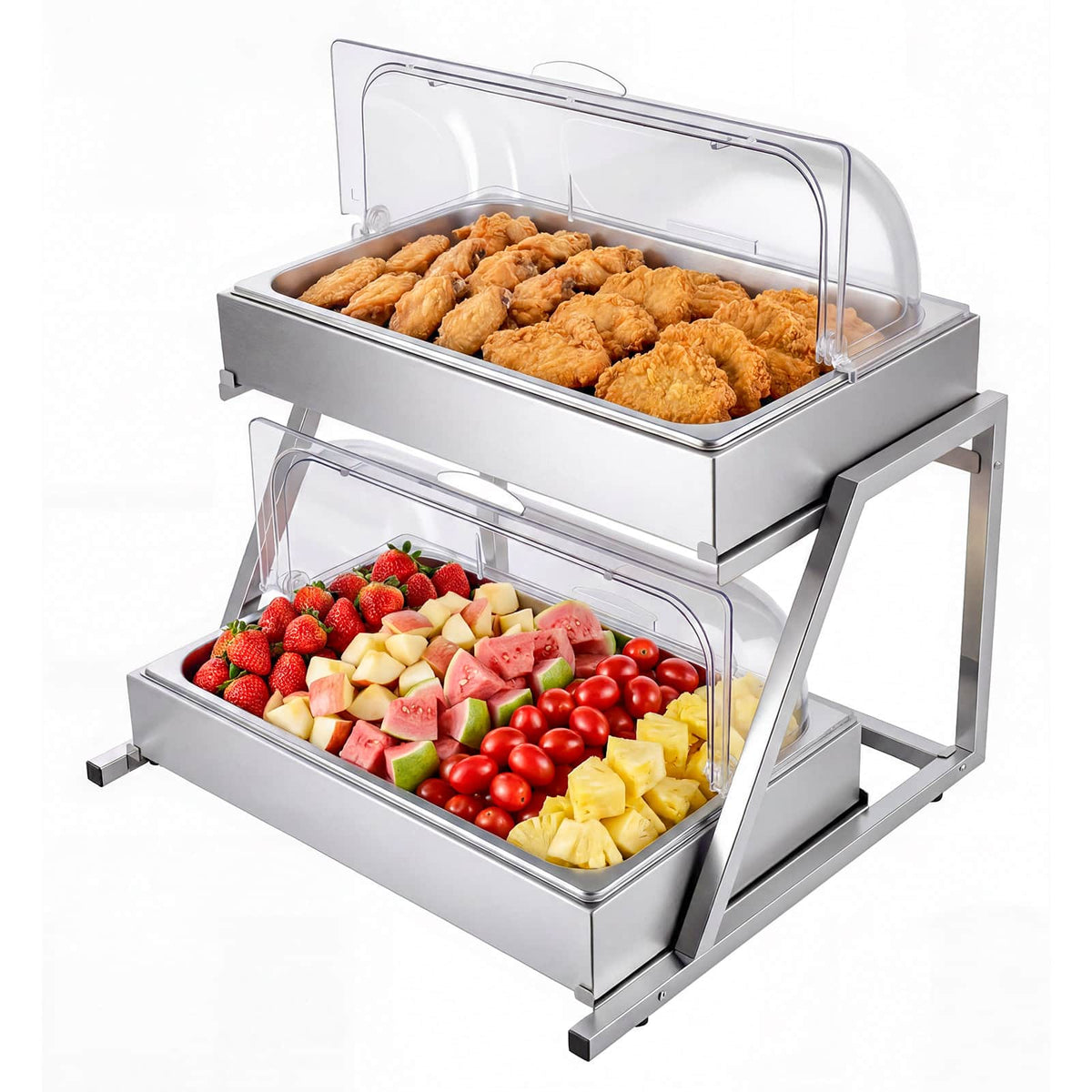 VEVOR - Countertop Food Serving Display Container, 2 Tier Stainless Steel Food Salad Server Tray, Buffet Condiment Dispenser - Silver