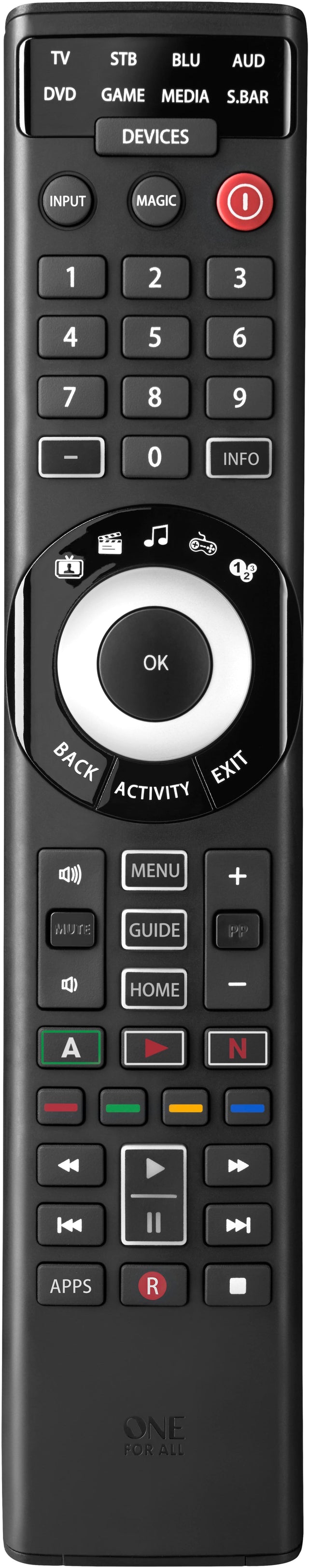 Front. One for All - 8 Device Universal Smart 8 TV Remote.