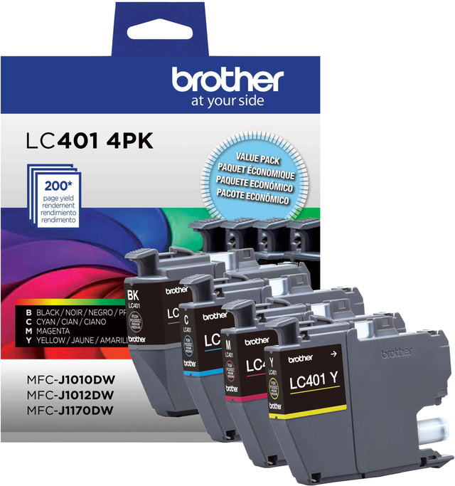 brother  
at your side  

LC401 4PK  

200* page yield  
rendement  
rendimiento  

VALUE PACK  
PAQUET ÉCONOMIQUE  
PAQUETE ECONÓMICO  
COTE ECONÓMICO  

BK  
BLACK / NOIR / NEGRO / PF  

C  
CYAN / CIAN / CIANO  

M  
MAGENTA  

Y  
YELLOW / JAUNE / AMARILLO  

MFC-J1010DW  
MFC-J1012DW  
MFC-J1170DW  

LC401 Y
