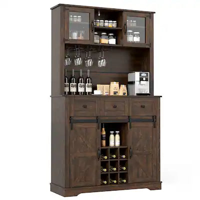 Gymax - 72'' Coffee Bar Cabinet with Wine Bottle Rack Microwave Countertop 3 Drawers
