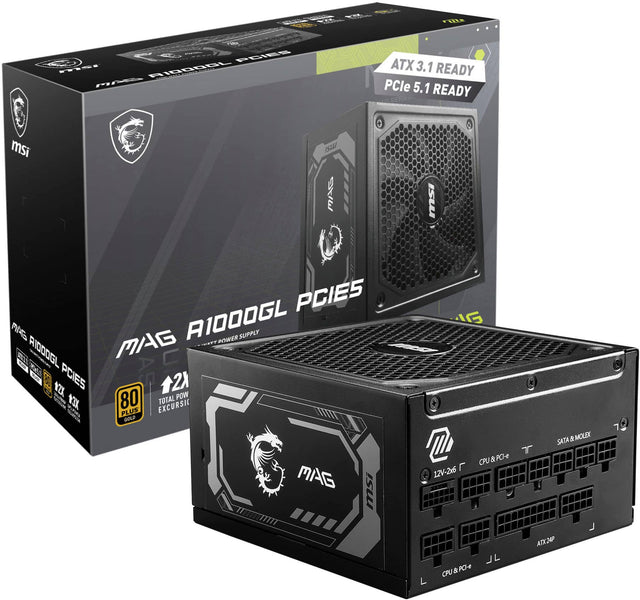 The image features a computer tower and a power supply box. The computer tower is a MAG A1000GL, and the power supply box is a 80 PLUS Gold certified unit. The box is labeled as ATX 3.1 and PCIe 5.1 ready, indicating that it is compatible with the latest technology. The box also has a 12V-2x6 L CPU+PO+PO+ SATA+MOLEX+T SXTA label, which suggests that it is designed to provide power to various components within the computer system.