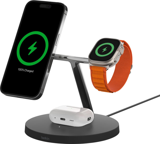 Front. Belkin - MagSafe 3-in-1 Wireless Charging Stand - 2ND GEN with Faster Apple Watch Charging- iPhone 15, 14 & 13 series & AirPods - Black.