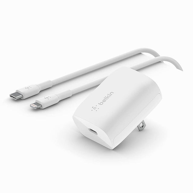 Front. Belkin - BOOSTCHARGE 20W USB-C Power Delivery Wall Charger + USB-C to Lightning Cable - White.
