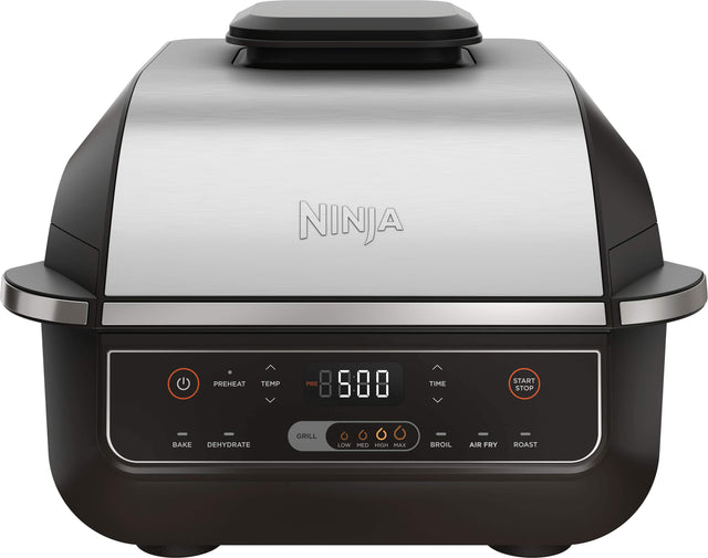 Angle. Ninja - Foodi 6-in-1 Countertop Indoor Grill with 4-quart Air Fryer, Roast, Bake, Broil, Dehydrate - Black/Stainless Steel.