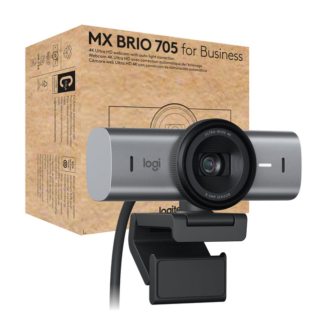 MX BRIO 705 for Business

4K Ultra HD webcam with auto light correction  
Cámara web Ultra HD 4K con corrección de iluminación automática

- Lightweight and compact design
- 8.5MP sensor
- Ultra-wide 4K
- Webcam 4K Ultra HD with auto light correction
- Webcam 4K Ultra HD avec correction automatique de l'éclairage
- Cámara web Ultra HD 4K con corrección de iluminación automática

- 82% plastic packaging recycled
- 22% plastic content

- Logitech