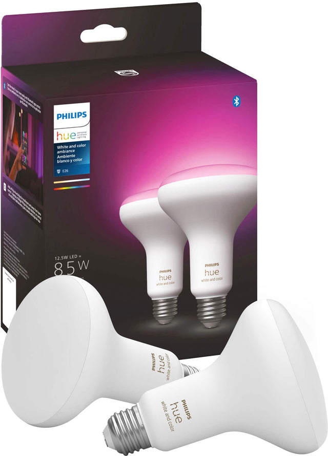 Front. Philips - Hue BR30 Bluetooth 85W Smart LED Bulb (2-Pack) - White and Color Ambiance.
