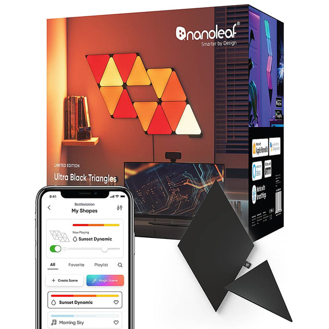 nanoleaf Smarter by Design Ultra Black Triangles Limited Edition 9:41 Bottlestation My Shapes me eth Aqptertnel) - te d EED 286 FT Rots a Surihing H Now Plgying Sunset Dynamic All Favorite Playlist + Create Scene Magic Scene Sunset Dynamic Morning Sky