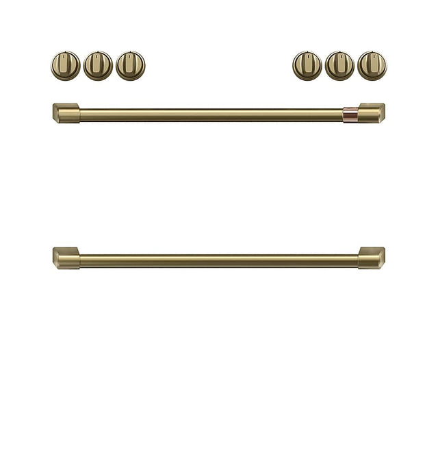 Front. Café - Handle and Knob Set for Front Control Gas Range - Brushed Brass.