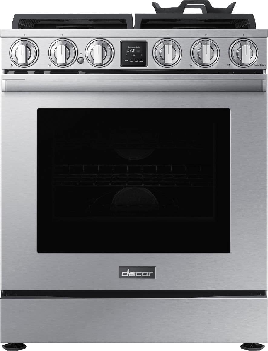 Dacor - 30 in. Wide 4 burner Transitional 6.0 Cu. Ft. Slide-In Gas Four-Part Pure Convection Range with Self-Cleaning - Silver Stainless Steel