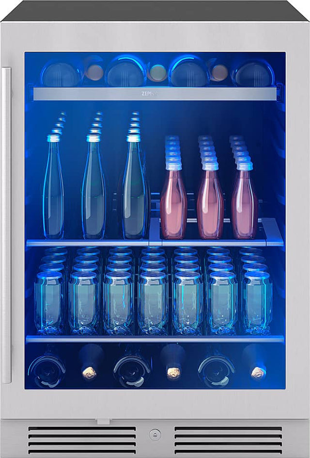 Front. Zephyr - Presrv 24 in. 7-Bottle and 108-Can Single Zone Beverage Cooler - Stainless Steel + Glass.