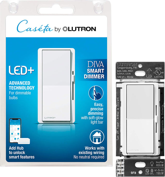 Casta by Lutron LED+ Advanced Technology For dimmable bulbs Lutron Diva Lutron Gosperburg, PA Smart 644.558.7661 Lutron.com DIMMER 120V 60Hz Easy, precise dimming with soft-glow light bar 6s8 1 un Up O Add Hub to unlock smart features Works with existing wiring No neutral required Lutron no/Hl 600 N Packaging may vary OF8 or-5- un OFL 150 W