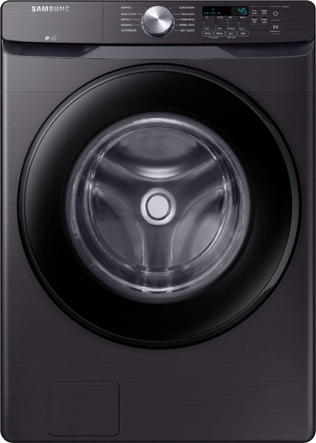 Front. Samsung - Open Box 4.5 Cu. Ft. High Efficiency Stackable Front Load Washer with Steam and Vibration Reduction Technology+ - Black Stainless Steel.
