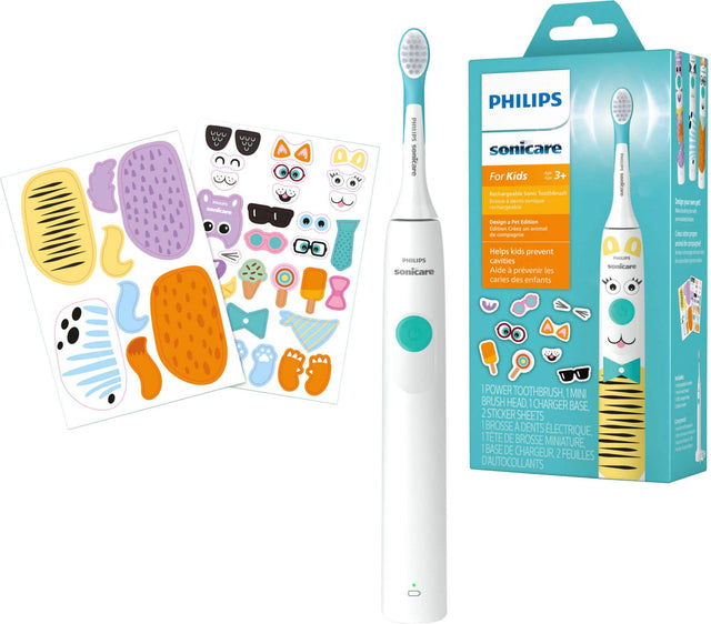 PHILIPS sonicare  
PHILIPS sonicare  
PHILIPS sonicare  
For Kids 3+  
Rechargeable Sonic Teethbrush  
Brosse à dents sonique rechargeable  
Design a Pet Edition  
Edition Créa - animal de compagnie  
Helps kids prevent cavities  
Aide à prévenir les caries des enfants  
POWER TOOTHBRUSH, 1 MINI BRUSH HEAD, 1 CHARGER BASE, 2 STICKER SHEETS  
BROSSE A DENTS ÉLECTRIQUE, 1 TETE DE BROSSE MINIATURE, 1 BASE DE CHARGEUR, 2 FEUILLES D'AUTOCOLLANTS