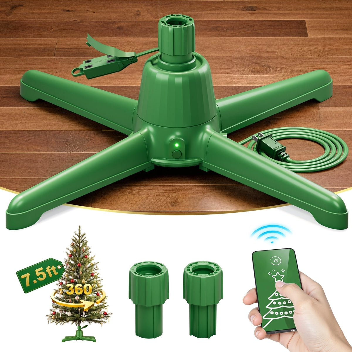POOLHACKER - Rotating Christmas Tree Stand with Remote Control,360° Revolving Base for Artificial Tree Up to 7.5 ft & 90 lbs - Green