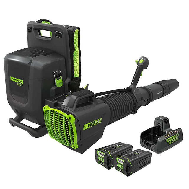 Front. Greenworks - 80V 690 CFM 165 MPH Cordless Backpack Leaf Blower with (2) 4.0 Ah Battery and Dual-Port Charger - Green.