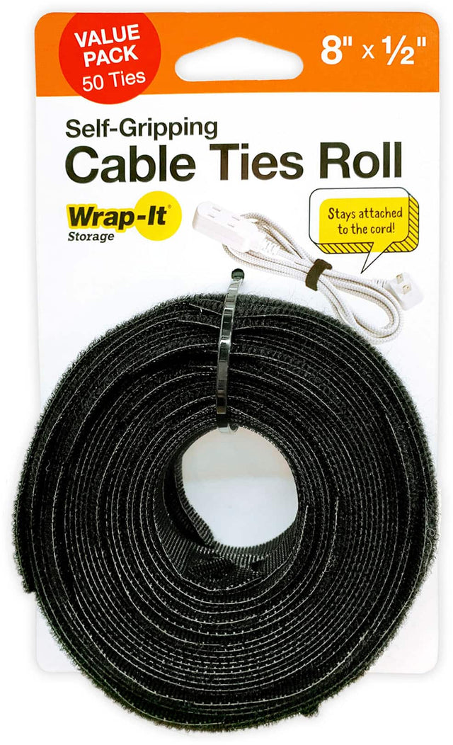 Angle. Wrap-It Storage - Wrap-It Storage Self-Gripping Cable Ties Roll - 8-inch (50-Pack) Black - Reusable Hook and Loop Ties - Black.