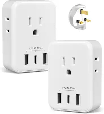 BN-LINK - 2-Pack US to UK Plug Adapter, Type G with 4 Outlets & 3 USB Ports, USA to UK Travel