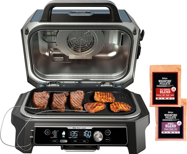 Angle. Ninja - Woodfire ProConnect Premium XL Outdoor 7-in-1 Grill & Smoker, App Enabled, Air Fryer, 2 Built-In Thermometers - Blue.