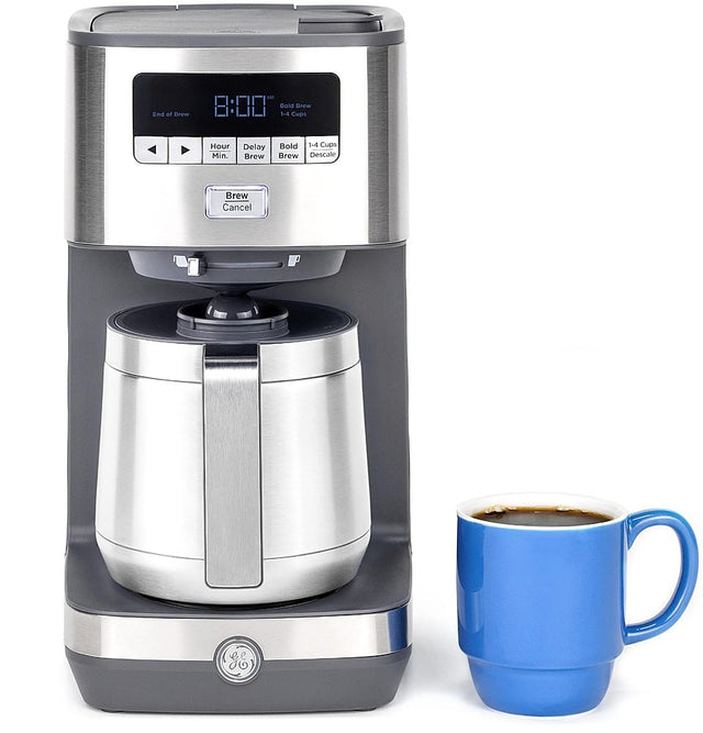 Front. GE - 10 Cup Programmable Coffee Maker with Single Serve and Thermal Carafe - Stainless Steel.