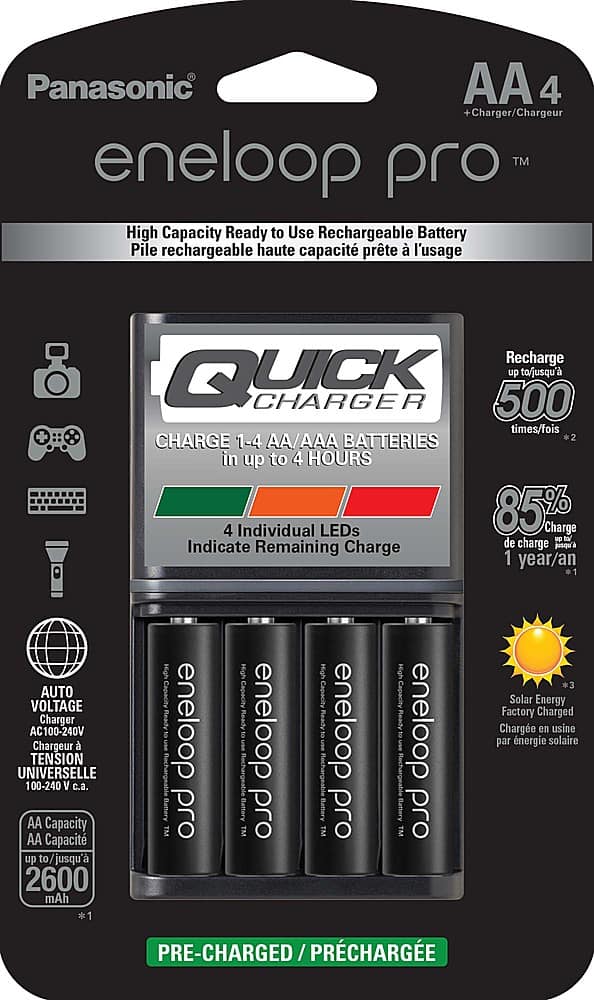 Front. Panasonic - Eneloop Rechargeable AA Batteries 4-Pack with Advanced 4 Hour Quick Battery Charger - Black.