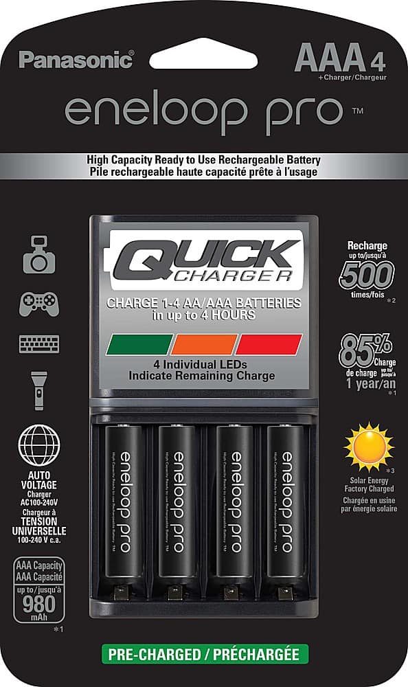 Front. Panasonic - Eneloop Rechargeable AAA Batteries 4-Pack with Advanced 4 Hour Quick Battery Charger - Black.