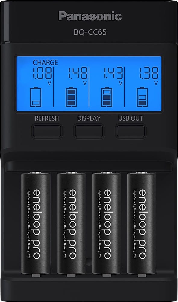 Front. Panasonic - Eneloop Rechargeable AA Batteries 4-Pack with 4-Position Quick Charger - Black.