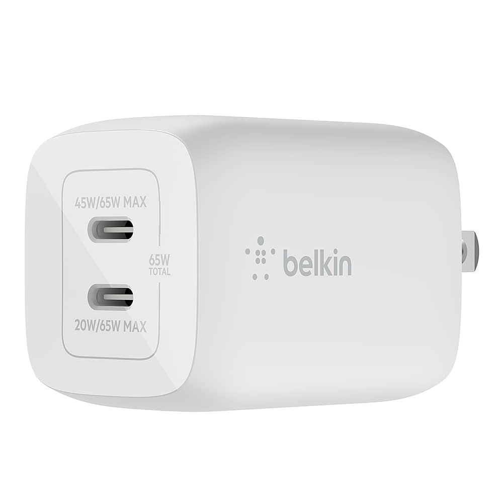 Belkin - 65W Dual USB-C Wall Charger, Fast Charging 3.0 w/ GaN Technology for iPhone, MacBook, Galaxy, Nintendo Switch 2 & More - White