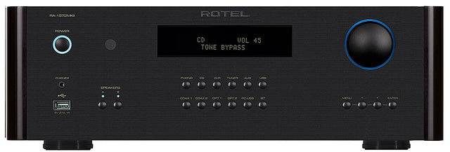 RA-1572MKI  
ROTEL  
POWER CD  
VOL 45  
TONE BYPASS  
PHONES  
PHONO  
CD  
XLR  
TUNER  
AUX  
USB  
SPEAKERS  
A  
COAX  
COAX 1  
COAX 2  
OPT 1  
OPT 2  
PO-USB  
BT  
MENU  
ENTER