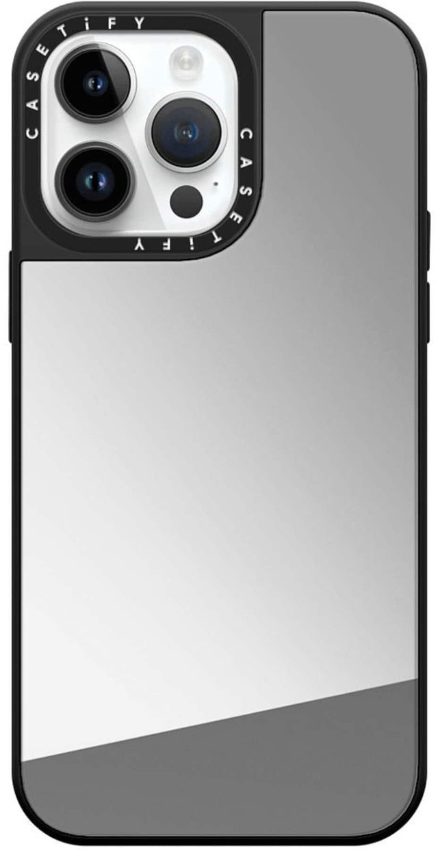 Front. CASETiFY - Mirror Case with MagSafe for Apple iPhone 14 Pro Max - Silver with Black Bumper.
