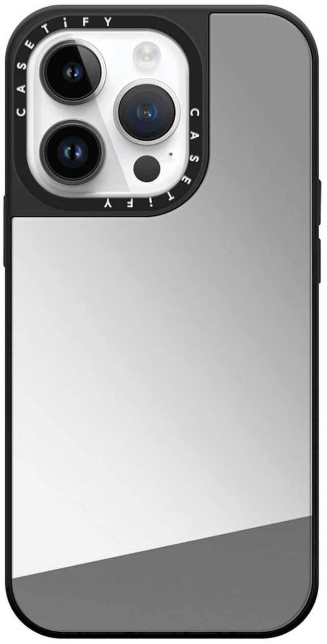 Front. CASETiFY - Mirror Case with MagSafe for Apple iPhone 14 Pro - Silver with Black Bumper.