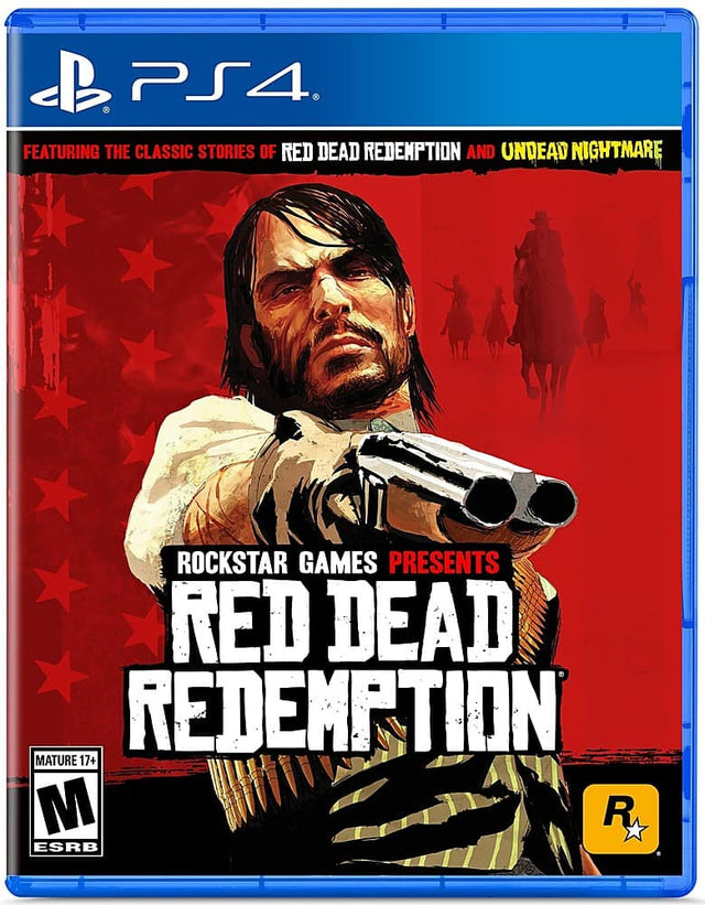The image features a video game called Red Dead Redemption, which is a part of the Rockstar Games series. The game is available on the PlayStation 4 console and has a mature rating of 17+. The cover of the game showcases a man with a gun, emphasizing the action-packed nature of the game.