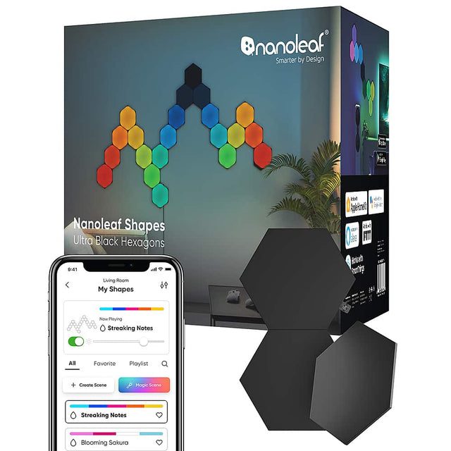 nanoleaf Smarter by Design fh Nanoleaf Shapes Ultra Black Hexagons 9:41 atl Living Room My Shapes des Agle-brelt b de KEP F Reotoet Sorig Ni Now laying Streaking Notes All Favorite Playlist + Create Scene Blooming Sakura