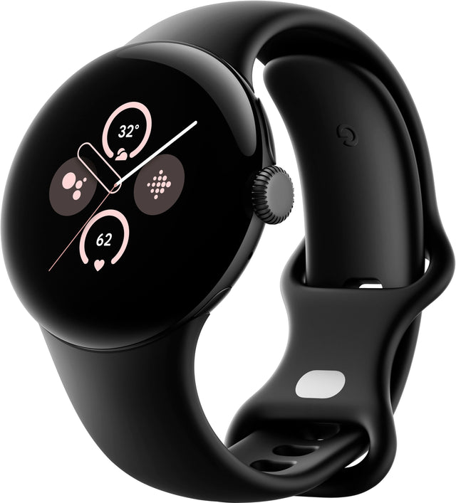 Front. Google - Pixel Watch 2 Matte Black Smartwatch with Obsidian Active Band Wi-Fi - Matte Black.
