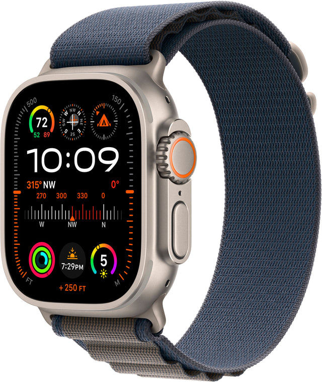 Front. Apple - Apple Watch Ultra 2 (GPS + Cellular) 49mm Titanium Case with Blue Alpine Loop with Blood Oxygen - Medium - Titanium.