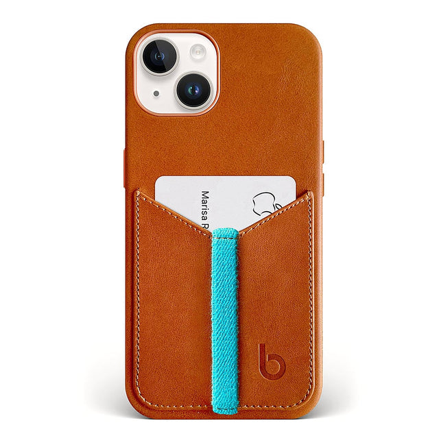 Front. Bluebonnet - Leather Wallet Case for Apple iPhone 14 - Saddle Tan.