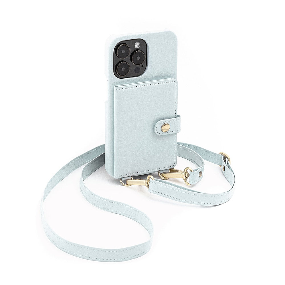 Bryten - Silverlake Vegan Leather with Adjustable Strap & Credit Card Holder Wallet, Shockproof Case iPhone 14 Pro / 13 Pro - Powder Blue