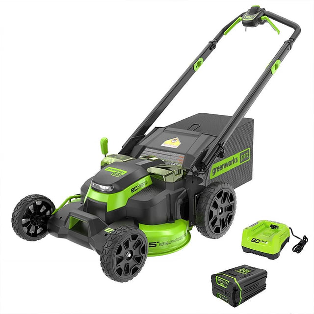 Front. Greenworks - 80V 25" Cordless Battery Dual Blade Self-Propelled Mower with 4.0Ah Battery & Rapid Charger - Green.