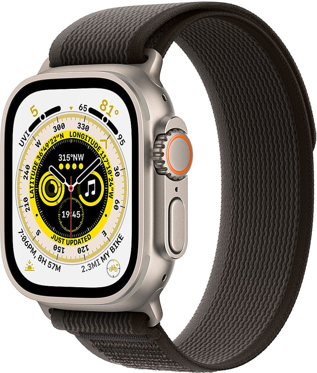 Front. Apple - Geek Squad Certified Refurbished Apple Watch Ultra (GPS + Cellular) 49mm Titanium Case with Black/Gray Trail Loop - M/L - Titanium.