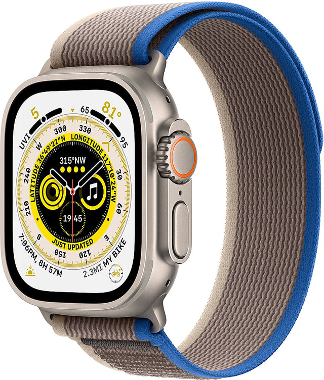 Front. Apple - Geek Squad Certified Refurbished Apple Watch Ultra (GPS + Cellular) 49mm Titanium Case with Blue/Gray Trail Loop - M/L - Titanium.