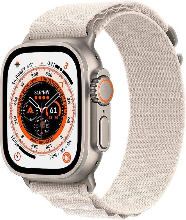 Front. Apple - Refurbished Apple Watch Ultra (GPS + Cellular) 49mm Titanium Case with Starlight Alpine Loop - Large - Titanium.