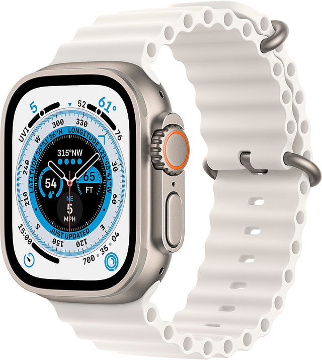 Front. Apple - Geek Squad Certified Refurbished Apple Watch Ultra (GPS + Cellular) 49mm Titanium Case with White Ocean Band - Titanium.