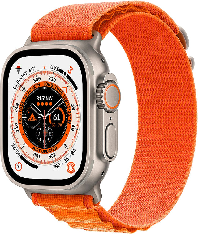 Front. Apple - Geek Squad Certified Refurbished Apple Watch Ultra (GPS + Cellular) 49mm Titanium Case with Orange Alpine Loop - Small - Titanium.