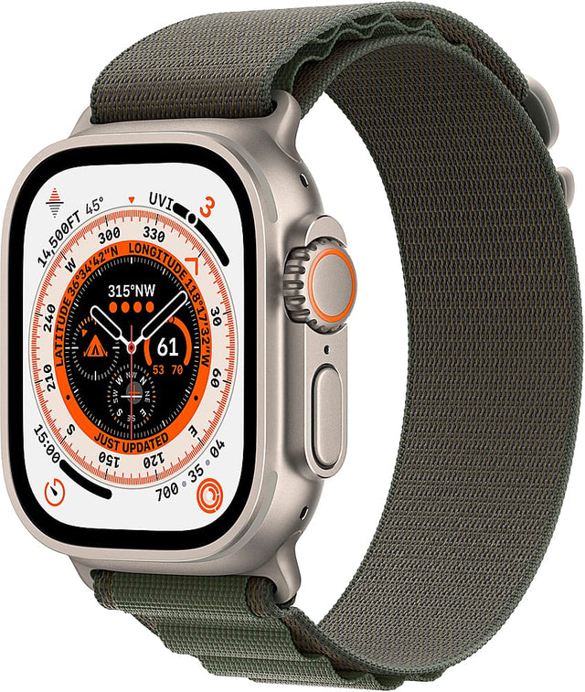 Front. Apple - Geek Squad Certified Refurbished Apple Watch Ultra (GPS + Cellular) 49mm Titanium Case with Green Alpine Loop - Medium - Titanium.