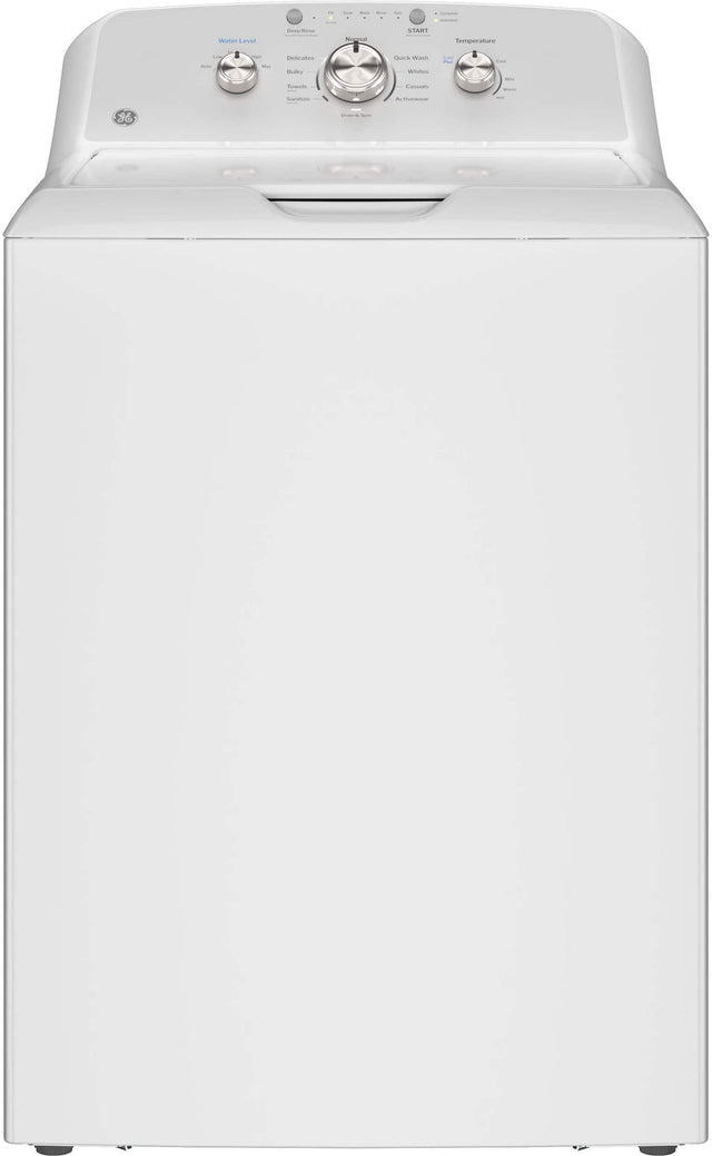 The image features a white washing machine, which is a front-loading machine. It is a large appliance, taking up a significant portion of the image. The washing machine is white and has a smiling face on it, adding a touch of personality to the appliance.