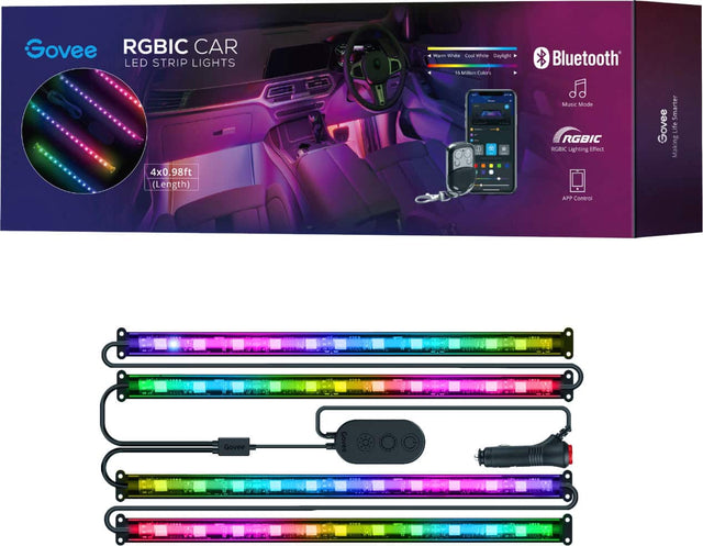 The image features a Govee RGBIC car LED strip light kit, which includes a Bluetooth controller and a 98-foot long strip of lights. The lights are designed to be installed in a car and can be controlled using the Bluetooth controller. The kit is packaged in a box, and the lights are arranged in a row, showcasing their colorful and illuminating features.