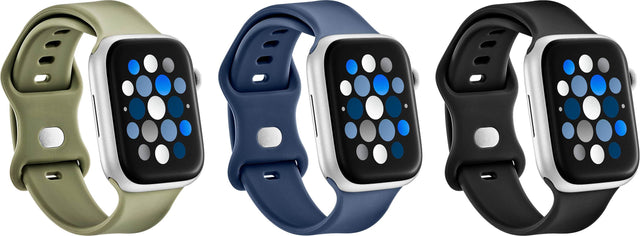 Angle. Best Buy essentials™ - Silicone Band for Apple Watch 42mm, 44mm, 45mm, SE, Ultra 49mm and Ultra 2 49mm (3-Pack) - Navy, Green and Black.