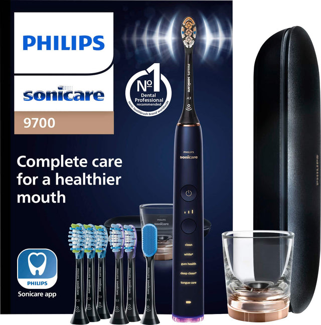 Angle. Philips Sonicare - Philips Sonicare DiamondClean Smart Electric, Rechargeable toothbrush with Charging Travel Case, and 8 Brush Heads - Lunar Blue.