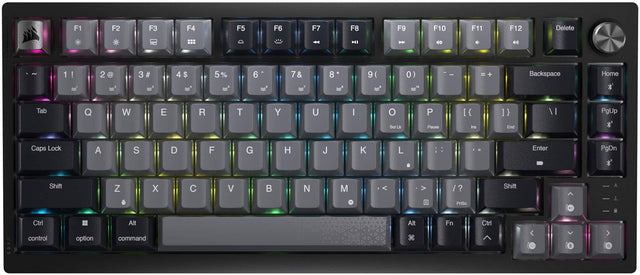 Front. CORSAIR - K65 PLUS WIRELESS 75% RGB Mechanical Pre-Lubricated MLX Red Linear Switch Gaming Keyboard with Hot-Swappable Switches - Black/Gray.