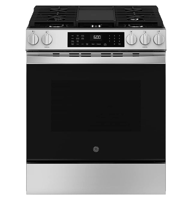 Front. GE - 5.3 Cu. Ft. Slide-In Gas Convection Range with Steam Cleaning and EasyWash Tray - Stainless Steel.